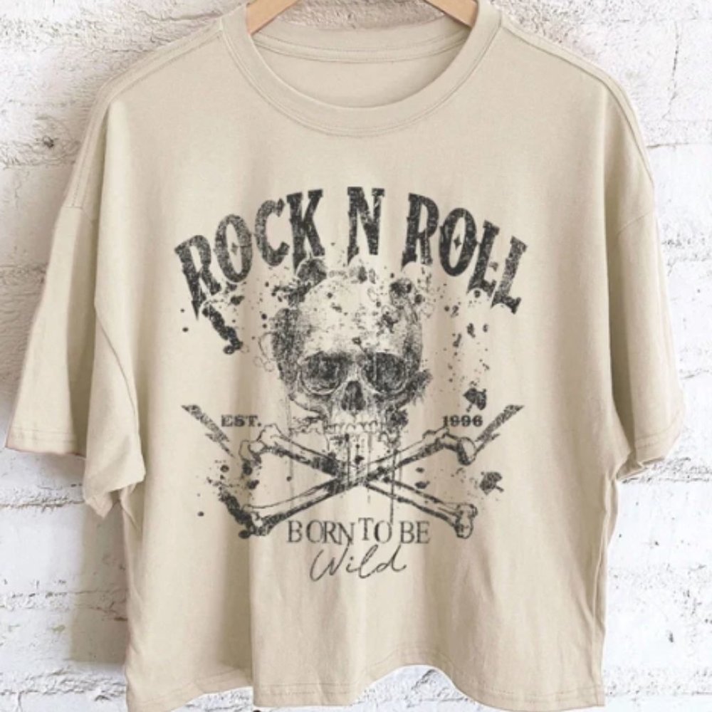 Rock N Roll Born To Be Wild Soft Crop-Top Graphic T-Shirt - Stone